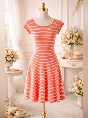SO Coral Striped Skater Dress Medium Cutout Back Fit & Flare Casual Summer